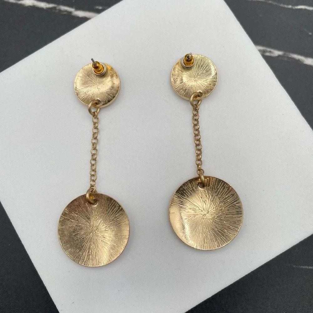 Contemporary Gold-Tone Classic Round Link Chain Double Disc Drop Dangle Earrings